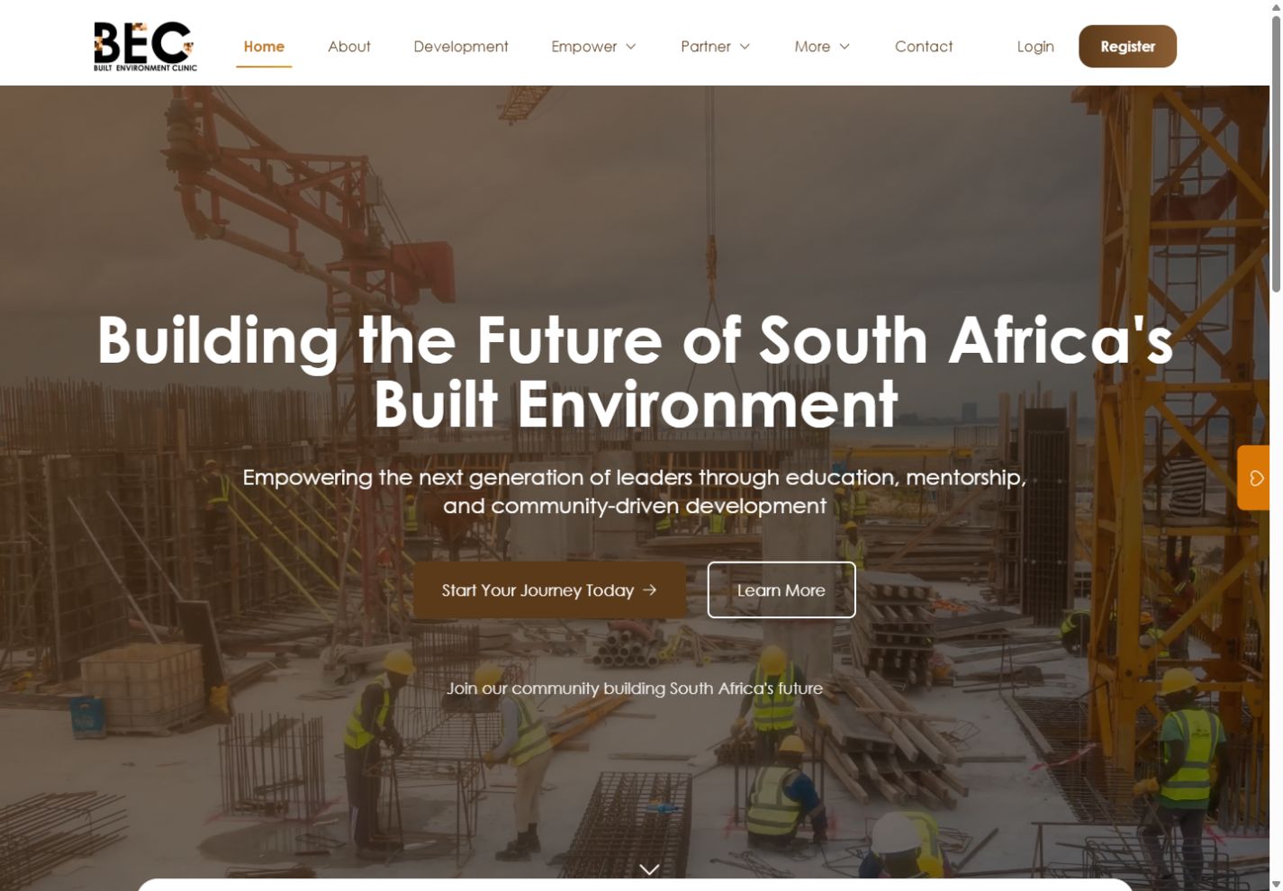 Built Environment Clinic homepage showing its built environment education and community mission on desktop.
