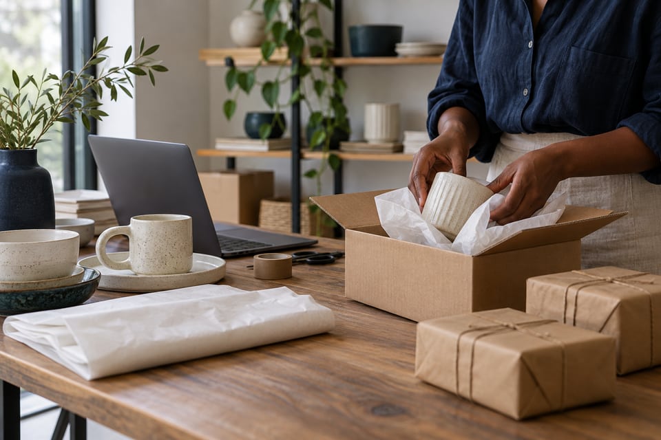 Illustrative scene of an online retailer preparing a customer order.