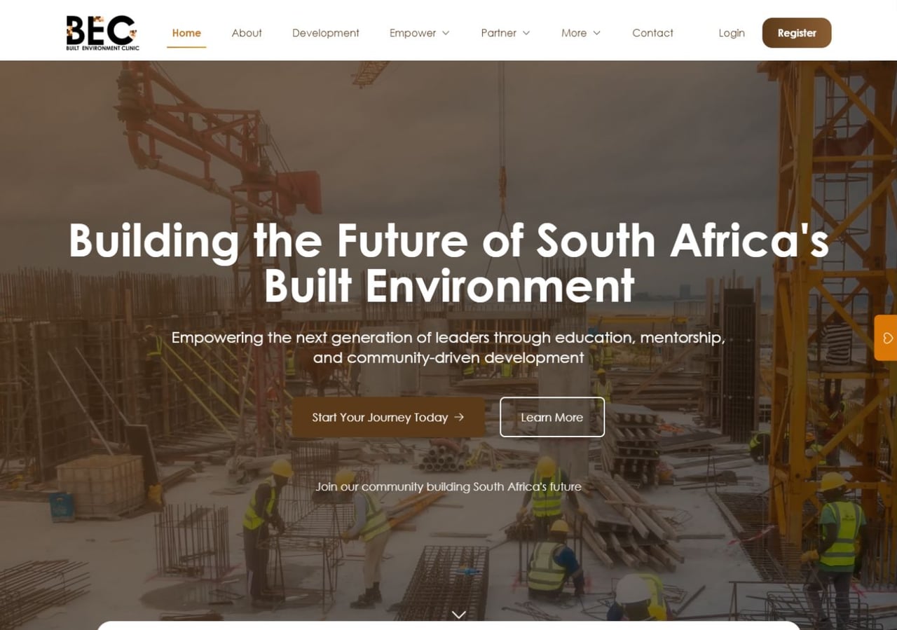 Built Environment Clinic website showing its graduate development and mentorship programmes.