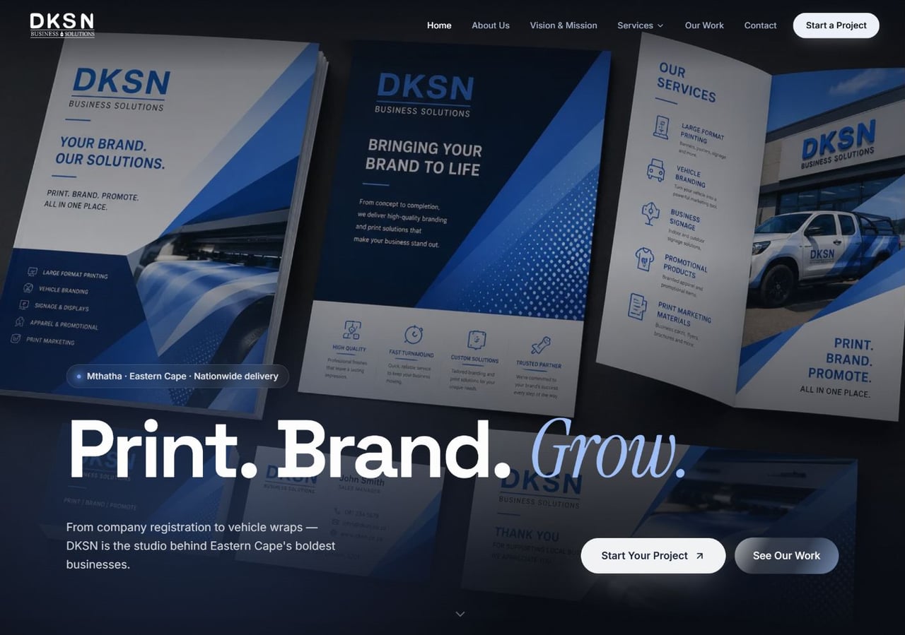 DKSN Business Solutions website presenting its printing, branding and business services.
