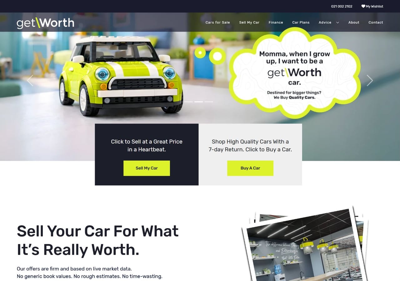 getWorth website showing its vehicle buying and selling services.