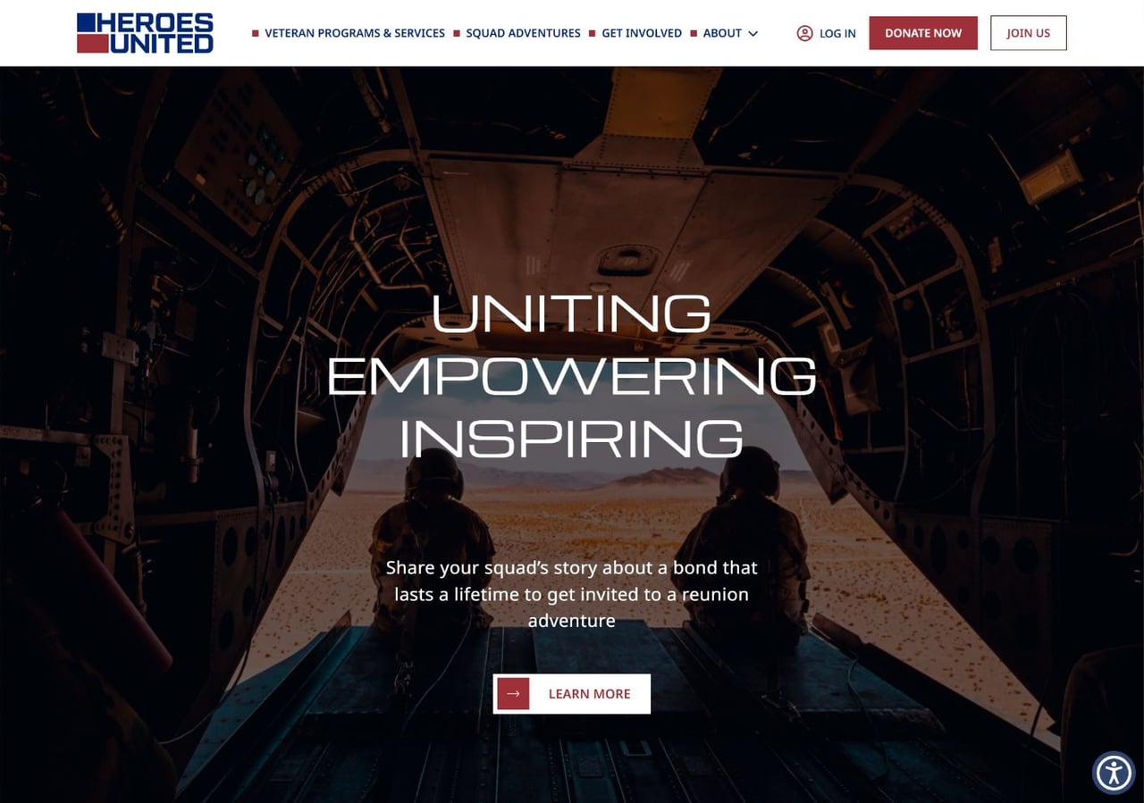 Heroes United website introducing its veteran community and squad reunion adventures.