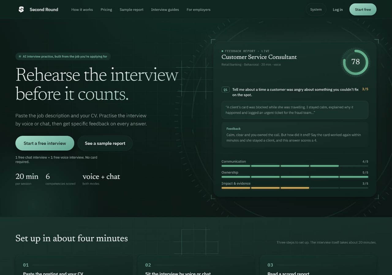 Second Round website showing interview practice and an example feedback report.