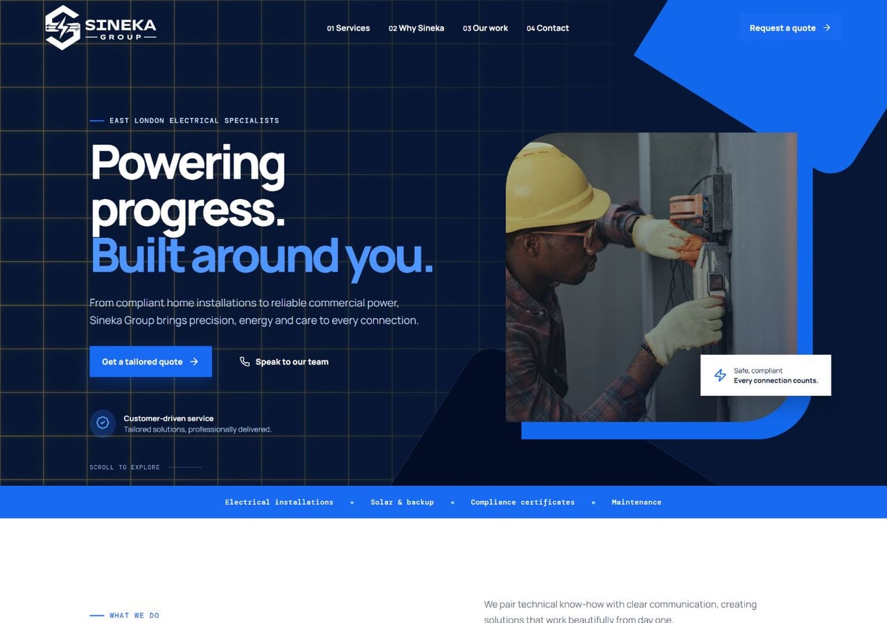 Sineka Group website presenting electrical installation and solar services.